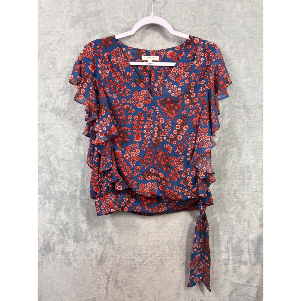Liverpool Los Angeles Blue Red Floral Ruffle Flutter Sleeve Wrap Top Large